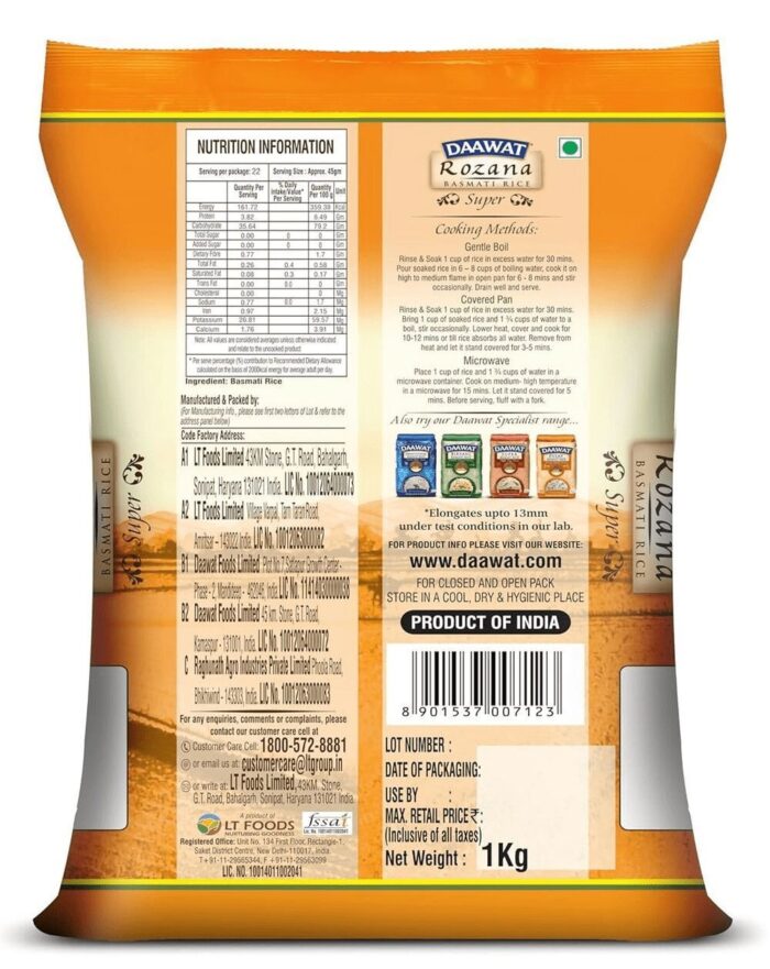 Daawat Rozana Super Basmati Rice (Medium Grain) 1kg - Image 2